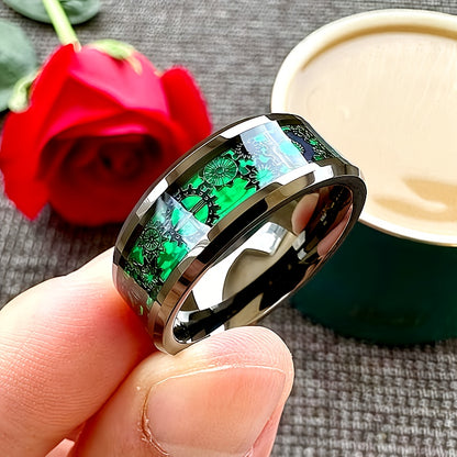 8mm Black Green Carbon Fiber Steam Punk Gear Inlaid Stainless Steel Ring for Men and Women'S Wedding Rings, Beveled Polishing, Comfortable Fit
