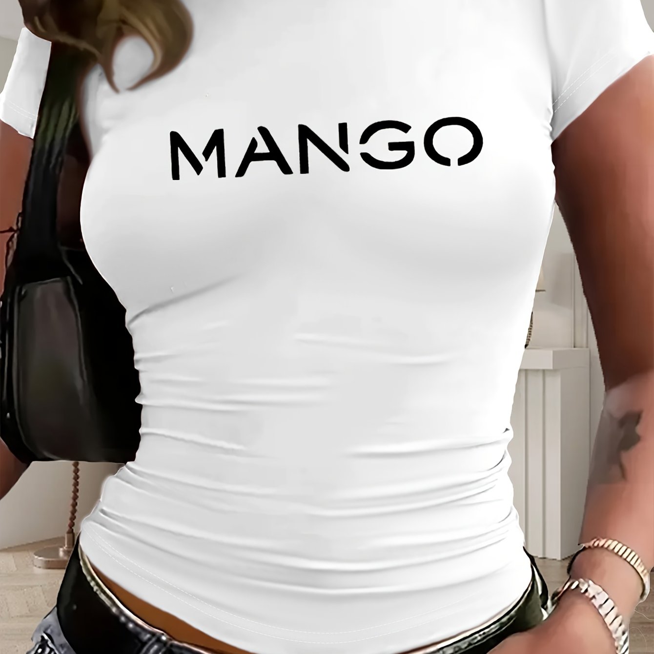 Women's Y2K Style Slim-Fit Cropped Short Sleeve T-Shirt - White with Bold Black 'MANGO' Graphic Print, Semi-Sheer Round Neck Top, Medium Stretch Machine Washable for Spring/Summer Casual Wear