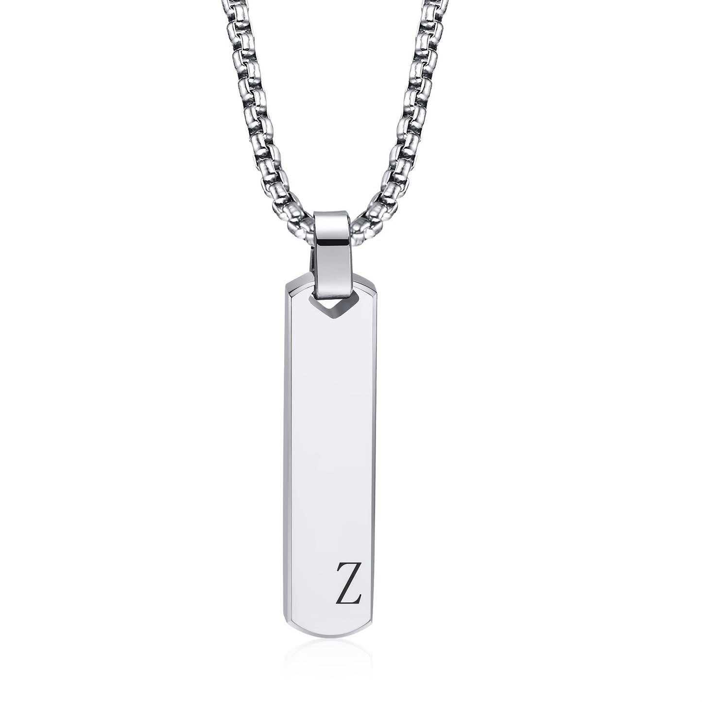 Letter Necklace Pendant Made of Stainless Steel, Featuring a Laser-Etched Design of 26 Letters, Polished for a Stylish 3D Rectangular Look, Suitable for Men.
