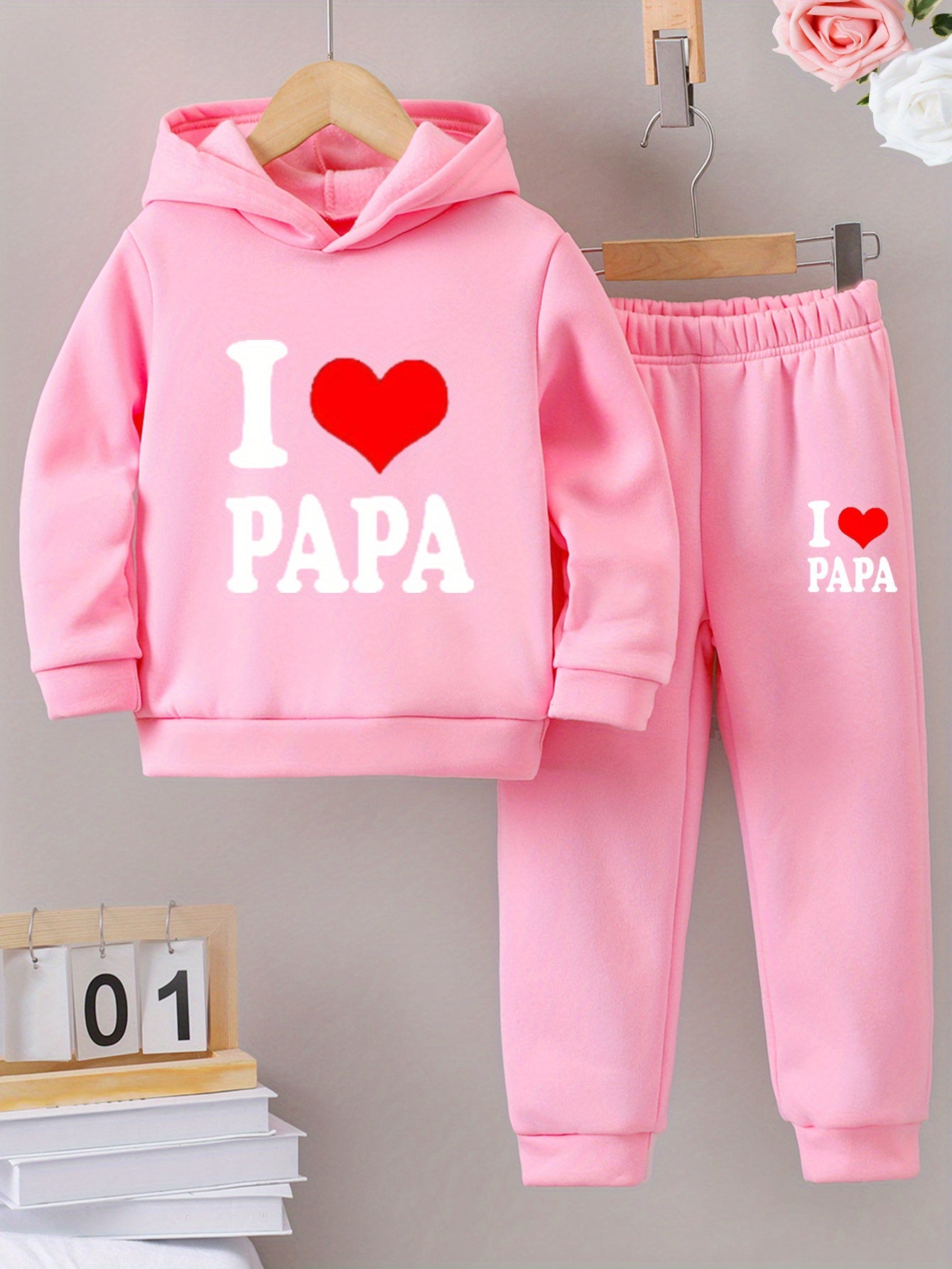 2pcs Back-to-School Season Fashionable Autumn/Winter Casual Sporty Style Girls' "I Love Dad" Cartoon Print Long Sleeve Fleece-Lined Hoodie + Sweatpants Set, Perfect for Outdoor