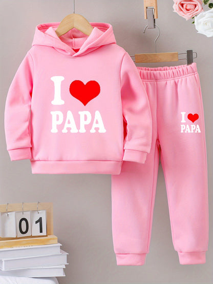 2pcs Back-to-School Season Fashionable Autumn/Winter Casual Sporty Style Girls' "I Love Dad" Cartoon Print Long Sleeve Fleece-Lined Hoodie + Sweatpants Set, Perfect for Outdoor