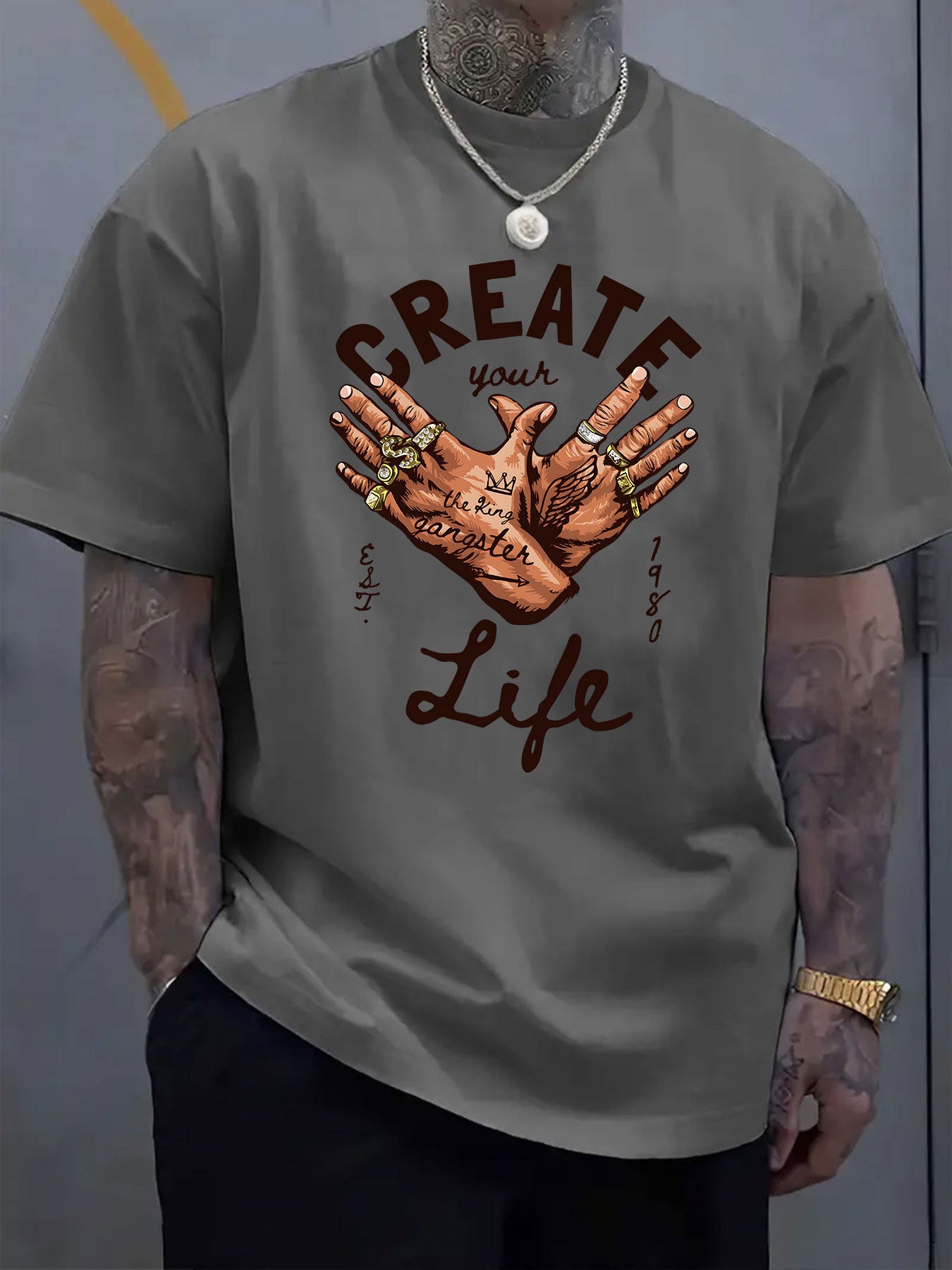 Men's Short-Sleeve T-Shirt with Inspirational "CREATE Your Own Life" Print & Prayer Hands Design - Elastic Round Neck, Breathable Fabric for Summer Outdoor Activities, Casual Comfort Fit, Machine Washable, Artistic Lifestyle