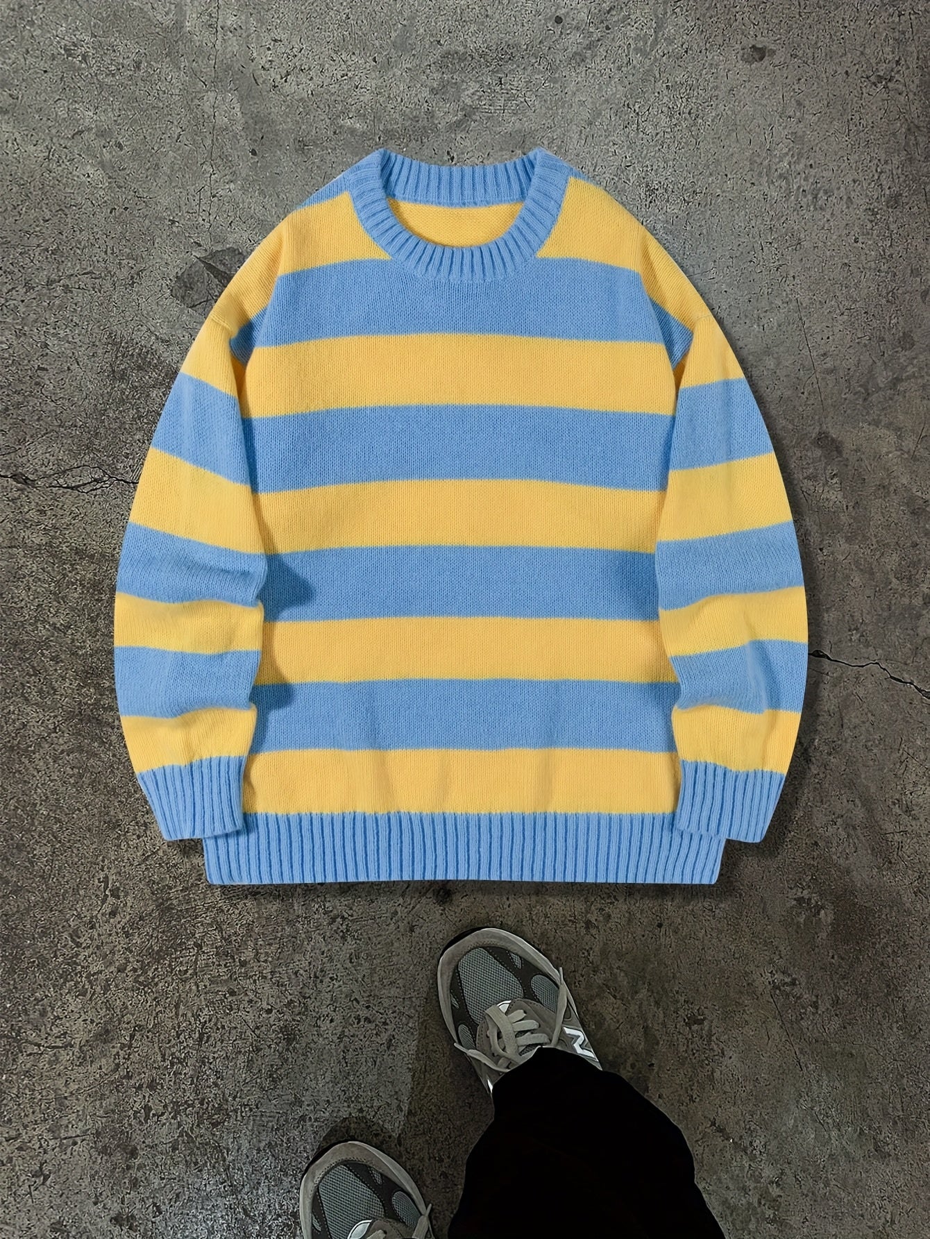 Unisex Streetwear Loose Fit Striped Knit Sweater - Long Sleeve Round Neck All-Season Casual Pullover with Yellow & Blue Horizontal Stripes, Hand Wash Only