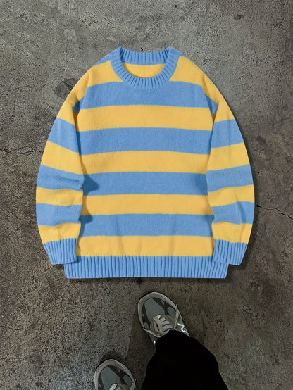 Unisex Streetwear Loose Fit Striped Knit Sweater - Long Sleeve Round Neck All-Season Casual Pullover with Yellow & Blue Horizontal Stripes, Hand Wash Only