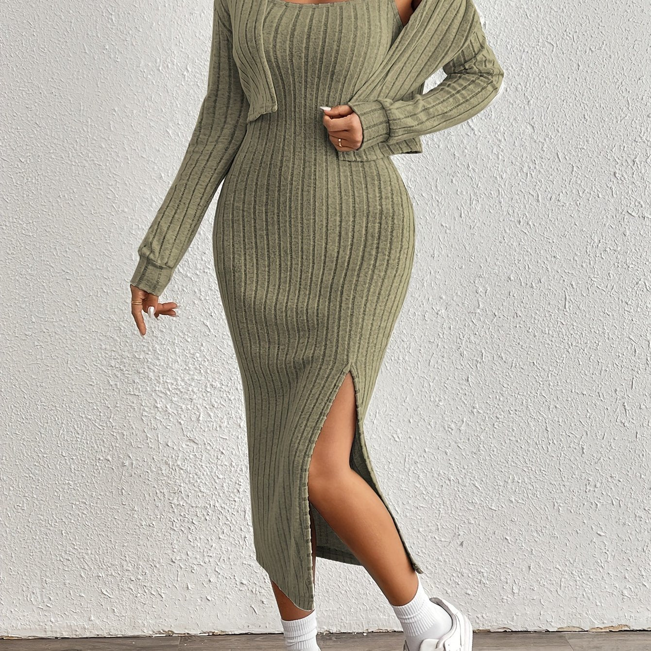 Simple y Fleece Two-Piece Dress and Jacket Set