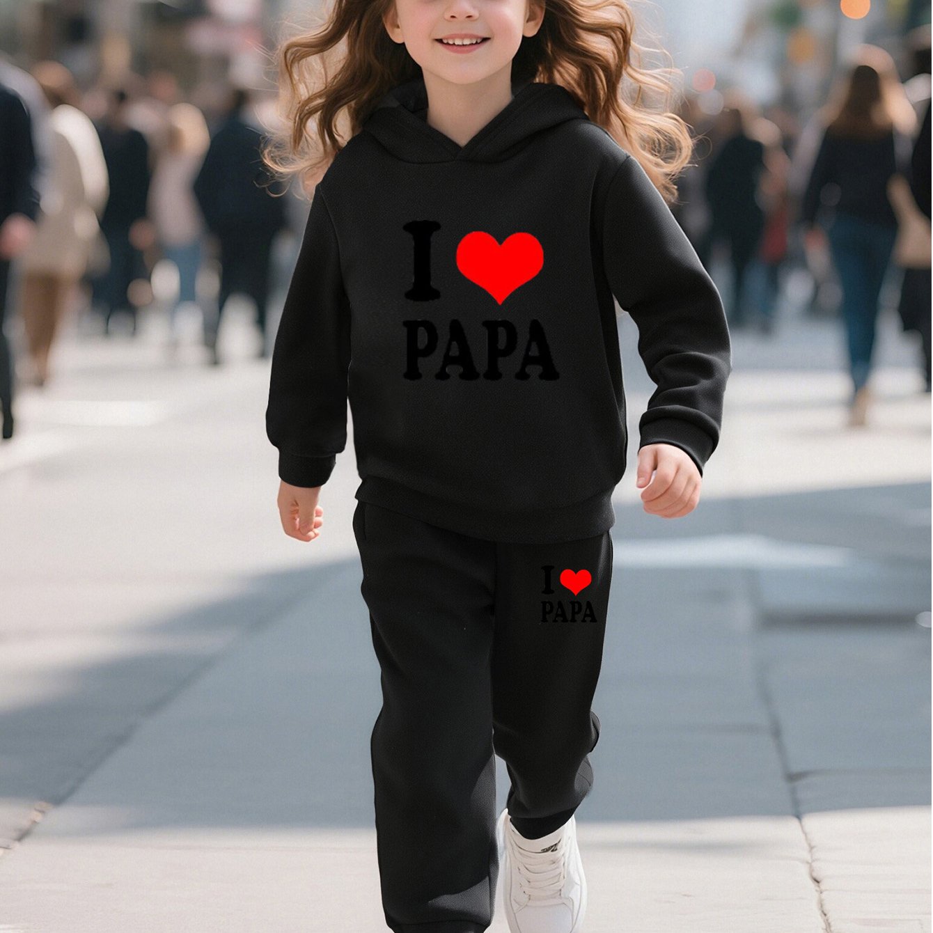 Fashionable Autumn And Winter Casual Sports Style for And "I Love Dad" Cartoon Popular Print Pattern Long-Sleeved Plus Velvet Warm Hooded Sweatshirt + Sweatpants Two-Piece Set, for Outdoor