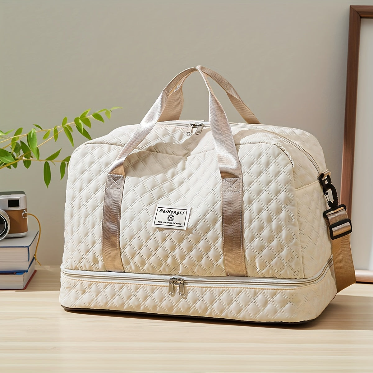 Casual Style Nylon Travel Duffel Bag, Large Capacity, Solid Color, Zipper Closure, Handheld or Shoulder Carry, with Black and Beige Options, for Outing and Weekend Trip