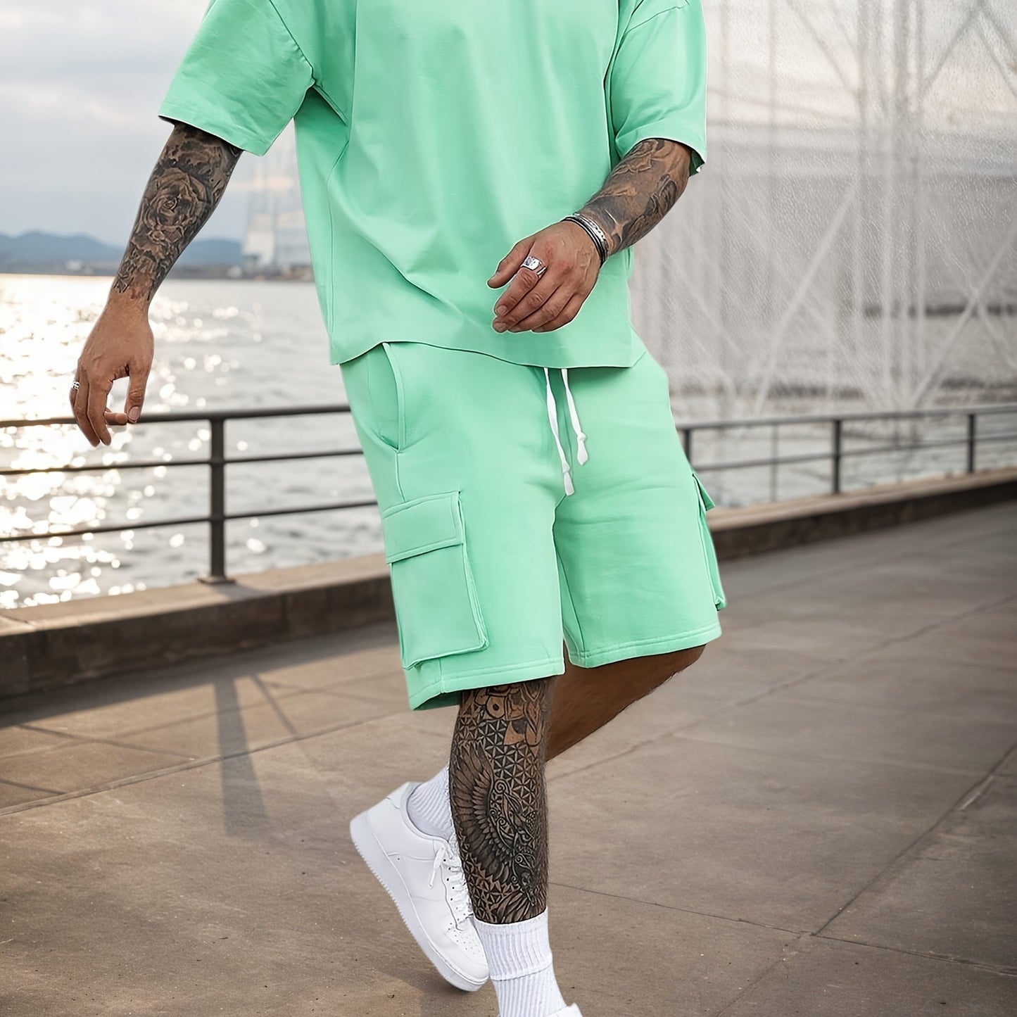 Summer Heavyweight FOG Color Earth Tone Short Sleeve Shorts Streetwear Loose Fashion Set