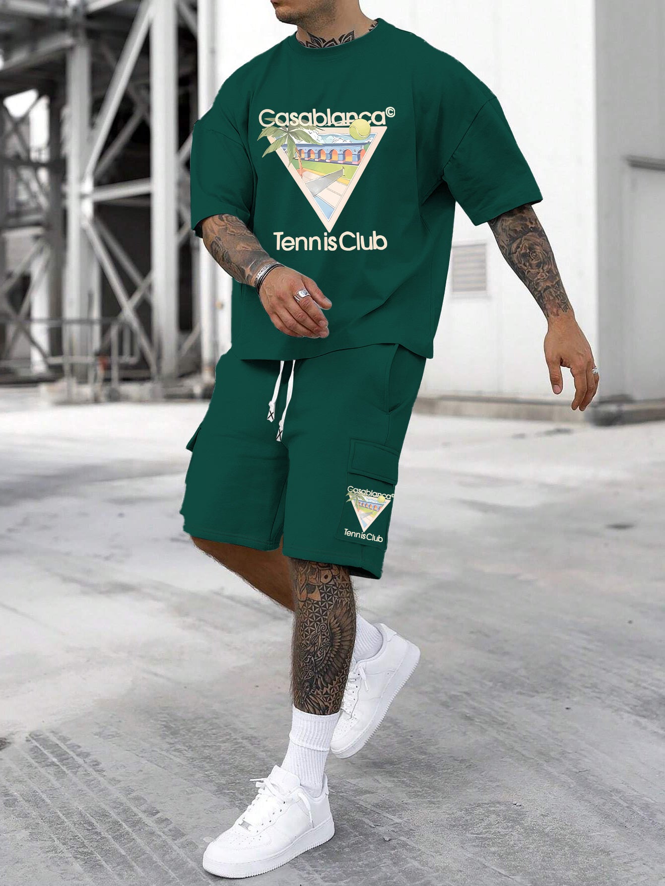 New Loose Fit Breathable Men's Crew Neck Short Sleeve T-Shirt and Workwear Style Multi-Pocket Shorts Set, Summer Casual Sportswear Two-Piece Outfit, Stylish Versatile Top and Pants for Both Men and Women