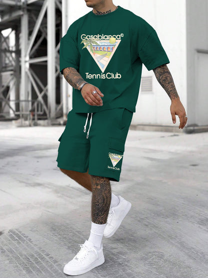 New Loose Fit Breathable Men's Crew Neck Short Sleeve T-Shirt and Workwear Style Multi-Pocket Shorts Set, Summer Casual Sportswear Two-Piece Outfit, Stylish Versatile Top and Pants for Both Men and Women
