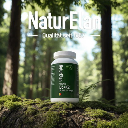 High-dose Vitamin D3 K2 capsules - 20000I.E. + Vitamin K2 MK7 200 mcg per dose, 20 days per capsule, 1000 IU Vitamin D per day, 180 vegetarian capsules, without additives, produced in Germany
