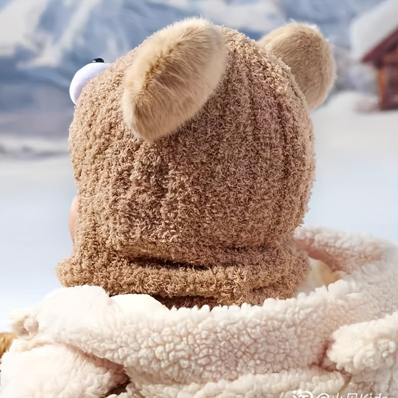 1pc Kids Bear Plush Winter Hat - Thickened Warm Fleece-Lined Bear Ear Flaps, Stretchy Unisex Winter Cap for Boys & Girls, 1-3 Years, Khaki, Perfect for Outdoor Activities, Thanksgiving & Daily Wear, Winter Hat for Kids, Playf