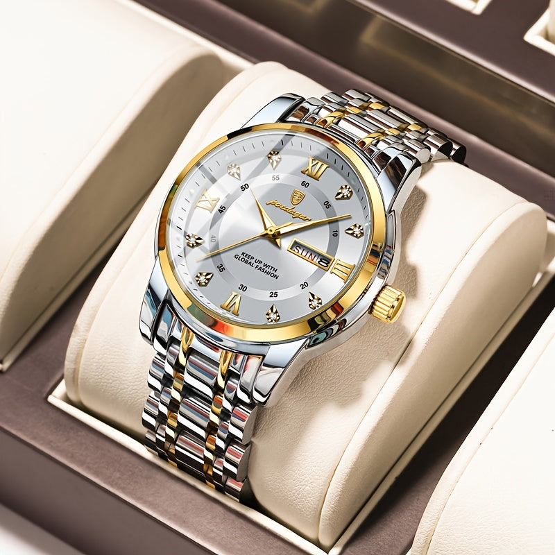 1pc Men's Fashion Stainless Steel Quartz Watch with Date Function, Rhinestone Accents, Luminous Hands, Round Dial - Casual Style, Battery Powered, Water Resistant, Ideal Gift for Birthdays and Anniversaries
