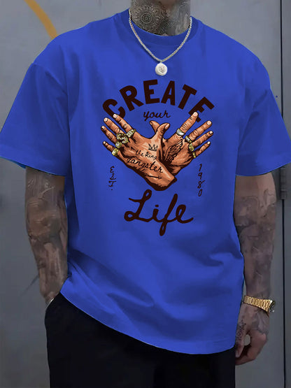 Men's Short-Sleeve T-Shirt with Inspirational "CREATE Your Own Life" Print & Prayer Hands Design - Elastic Round Neck, Breathable Fabric for Summer Outdoor Activities, Casual Comfort Fit, Machine Washable, Artistic Lifestyle