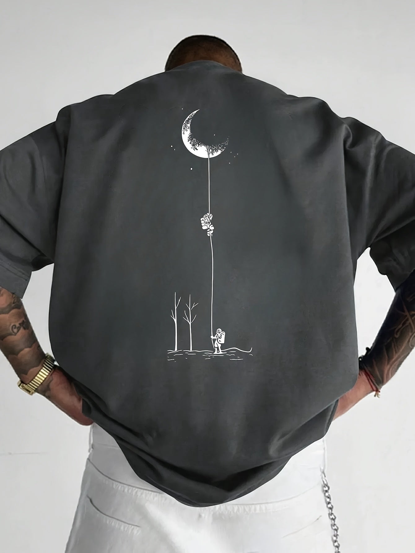 Men's Graphic Print Short Sleeve T-Shirt - Black Relaxed Fit Casual Round Neck, Durable Polyester Fabric, Machine Washable Summer Outdoor Top, Moon And Trees Design | Lightweight Clothing