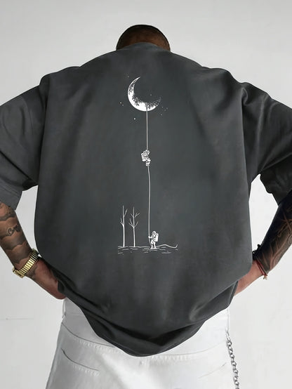 Men's Graphic Print Short Sleeve T-Shirt - Black Relaxed Fit Casual Round Neck, Durable Polyester Fabric, Machine Washable Summer Outdoor Top, Moon And Trees Design | Lightweight Clothing
