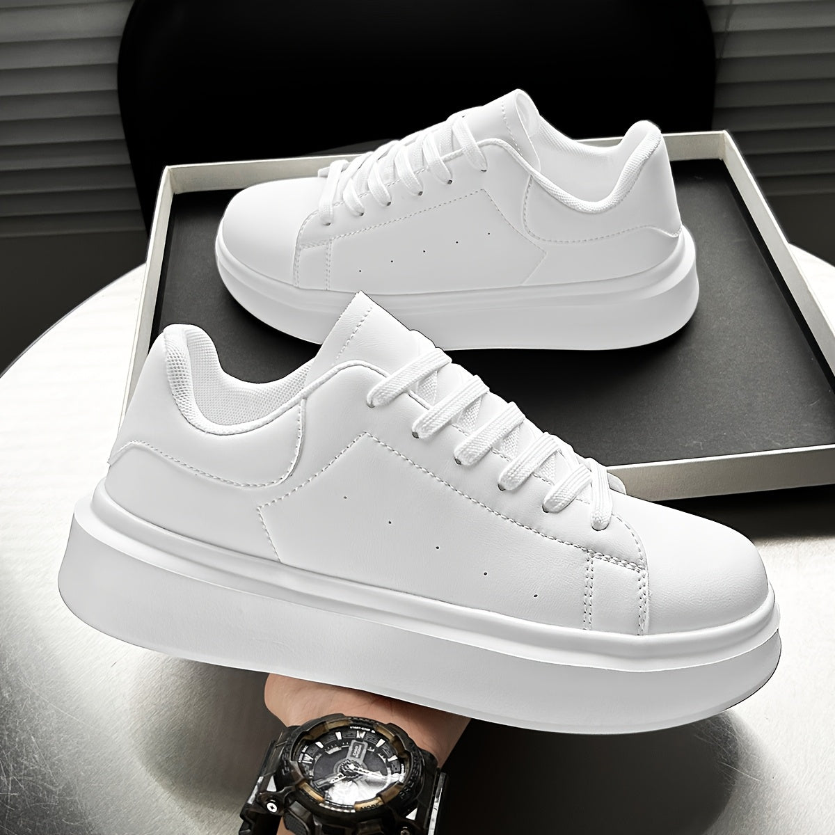 Men'S Classic Solid Color Thick Sole White Shoes, Casual Skateboard Sneakers, Korean Style Versatile Fashion Trend, Lightweight Comfortable Durable Casual Sports Shoes