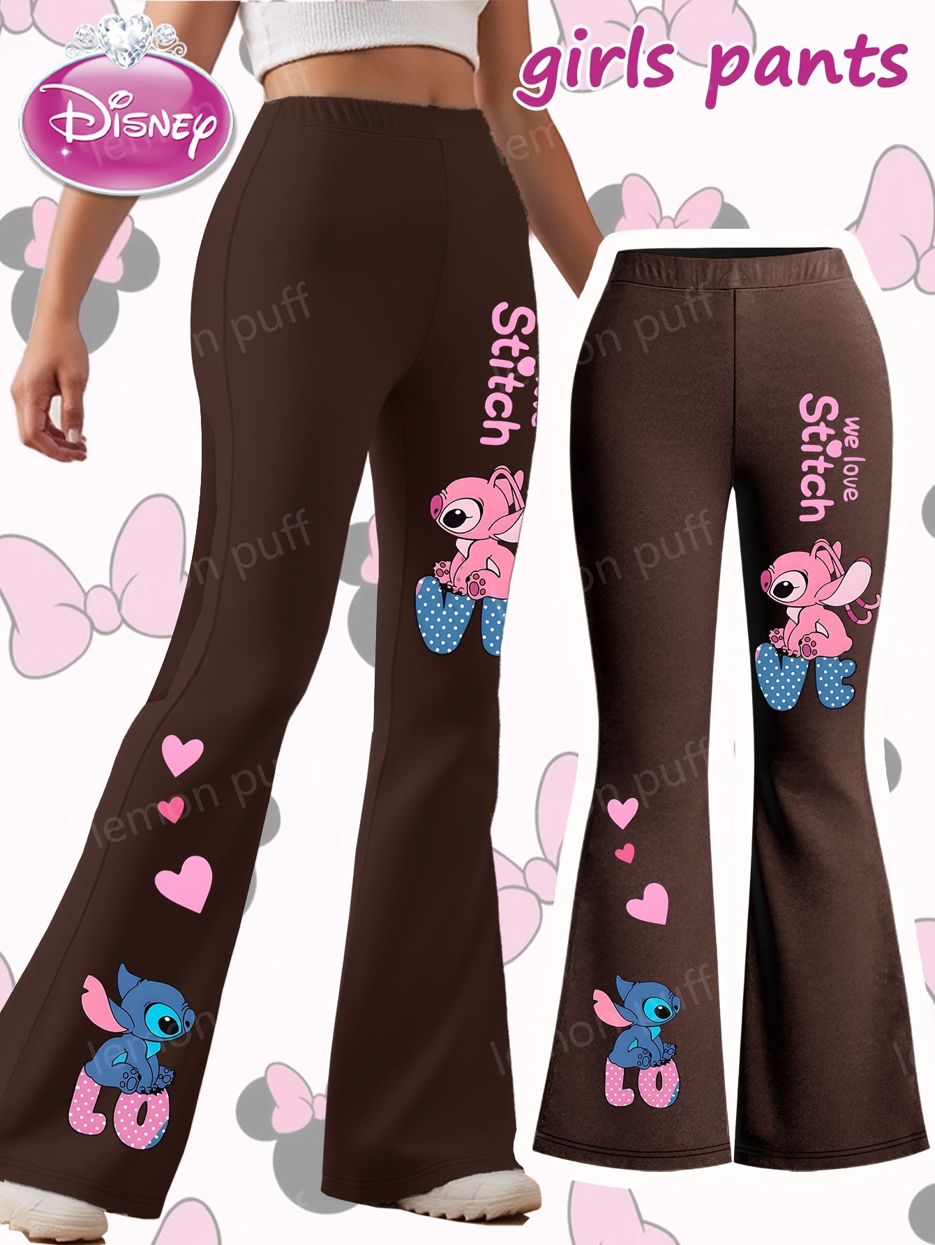 Disney Stitch Girls' Flare Pants - Official Stitch Character Design with Bell Bottoms, Grey with Pink Accents, Machine Washable Birthday Outfit for Disney Fans (Kids Girls) - Perfect Gift for Stitch Lovers, Everyday Kids Clot
