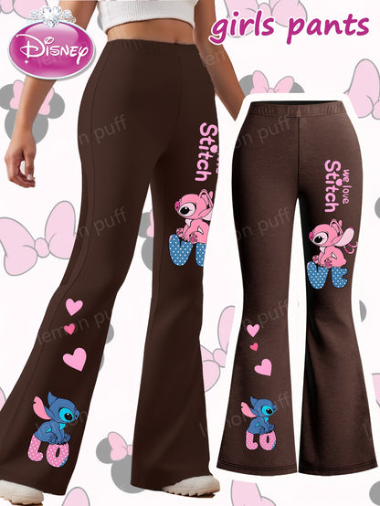 Disney Stitch Girls' Flare Pants - Official Stitch Character Design with Bell Bottoms, Grey with Pink Accents, Machine Washable Birthday Outfit for Disney Fans (Kids Girls) - Perfect Gift for Stitch Lovers, Everyday Kids Clot