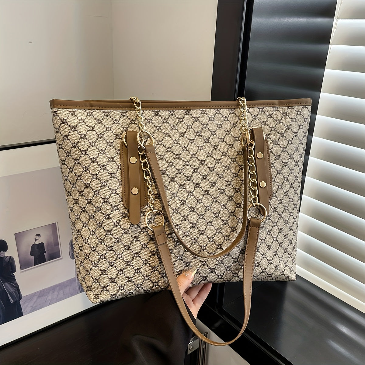 Rubyn Women's Large Capacity Tote Bag - Beige/ & Brown Greek Key Logo Handbag, Versatile Shoulder Purse for Women,, Travel, Everyday Use, Everyday Bag For Women, Casual Bag For Women, Casual Style Tote Bag, Medium Size Tote B