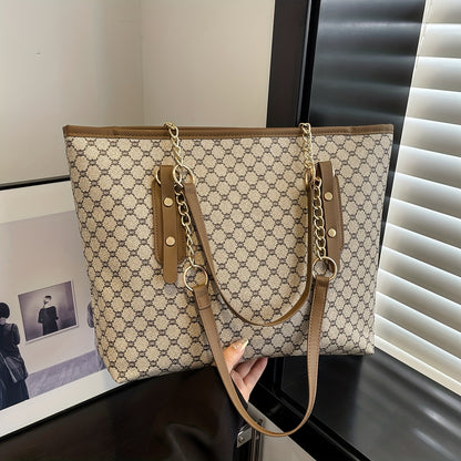 Rubyn Women's Large Capacity Tote Bag - Beige/ & Brown Greek Key Logo Handbag, Versatile Shoulder Purse for Women,, Travel, Everyday Use, Everyday Bag For Women, Casual Bag For Women, Casual Style Tote Bag, Medium Size Tote B