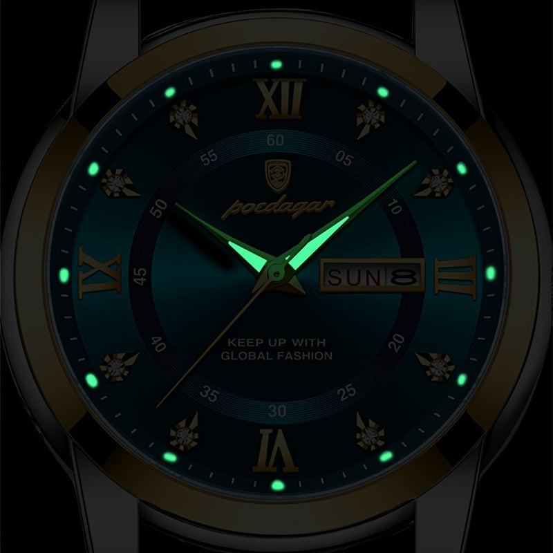 1pc Men's Fashion Stainless Steel Quartz Watch with Date Function, Rhinestone Accents, Luminous Hands, Round Dial - Casual Style, Battery Powered, Water Resistant, Ideal Gift for Birthdays and Anniversaries