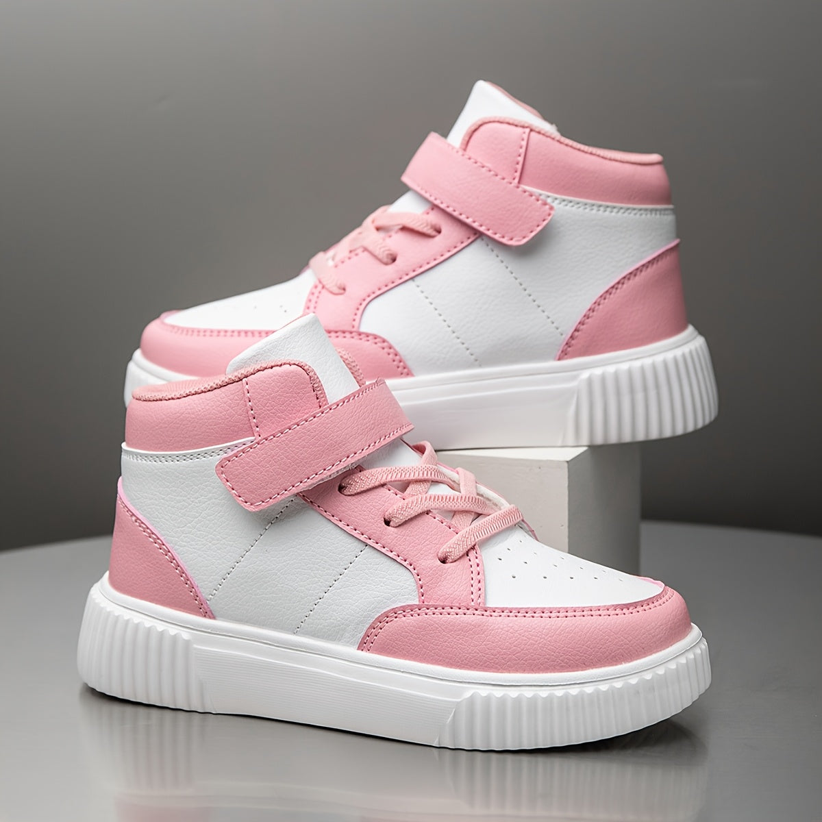 Girls' & Boys' White & Pink Checkerboard Mid-Top Sneakers - Lightweight PU Upper with EVA Sole, All-Season Comfort for School, Outdoor & Casual Wear - Easy Slip-On Design for Ages 14 & Under