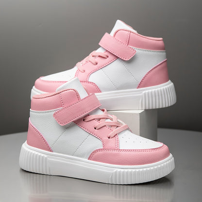 Girls' & Boys' White & Pink Checkerboard Mid-Top Sneakers - Lightweight PU Upper with EVA Sole, All-Season Comfort for School, Outdoor & Casual Wear - Easy Slip-On Design for Ages 14 & Under