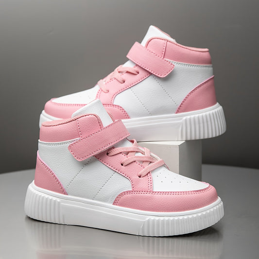 Girls' & Boys' White & Pink Checkerboard Mid-Top Sneakers - Lightweight PU Upper with EVA Sole, All-Season Comfort for School, Outdoor & Casual Wear - Easy Slip-On Design for Ages 14 & Under