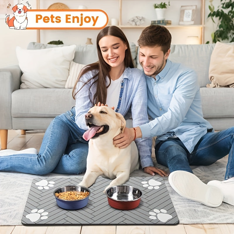 1pc Quick-Dry Diatom Mud Pet Feeding Mat - Splash-Proof, Absorbent, Easy to Clean, Suitable for Dogs and Cats, Herringbone Pattern with Paw Print Design, Washable Pet Feeding Mat