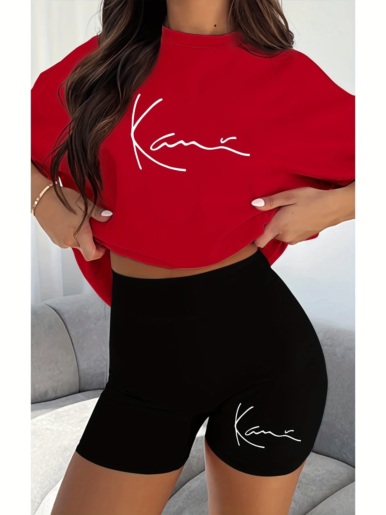 New fashionable casual creative pattern printed Women's fashion set, spring and summer new fashionable casual round neck T-shirt&sports shorts two-piece set