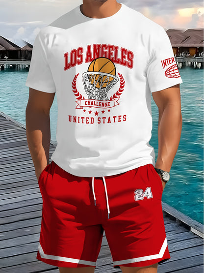 2pcs Men'S Summer Basketball Training Running Suit, Basketball Short Sleeve T-Shirt and 24 Shorts Set