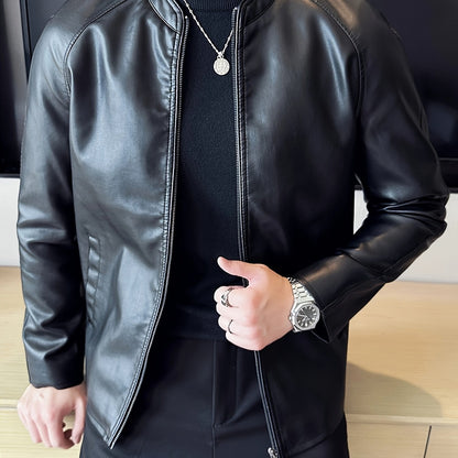 Men's Slim-Fit High Quality Windproof PU Leather Motorcycle Jacket - Vintage Bomber Style with Stand Collar, Ribbed Cuffs & Adjustable Drawstring, Softshell Casual Biker Outerwear, Casual Outerwear | Vintage Bomber Jacket | D