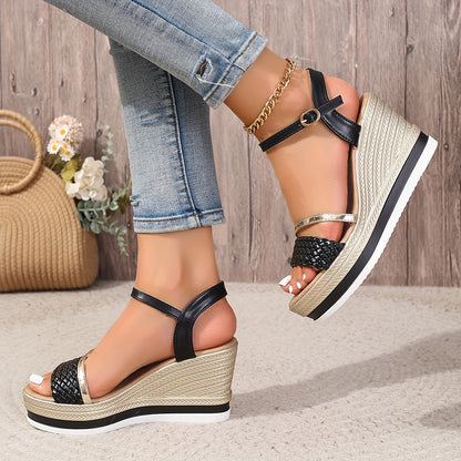 2024 New Arrival - Elegant 8.5cm High Heel Sandals with Golden & White Strap Design, Comfortable Platform Wedge for Women, Summer Fashion Footwear, Stylish Ankle Accessories | Elegant High Heel | Platform Wedge Sandals