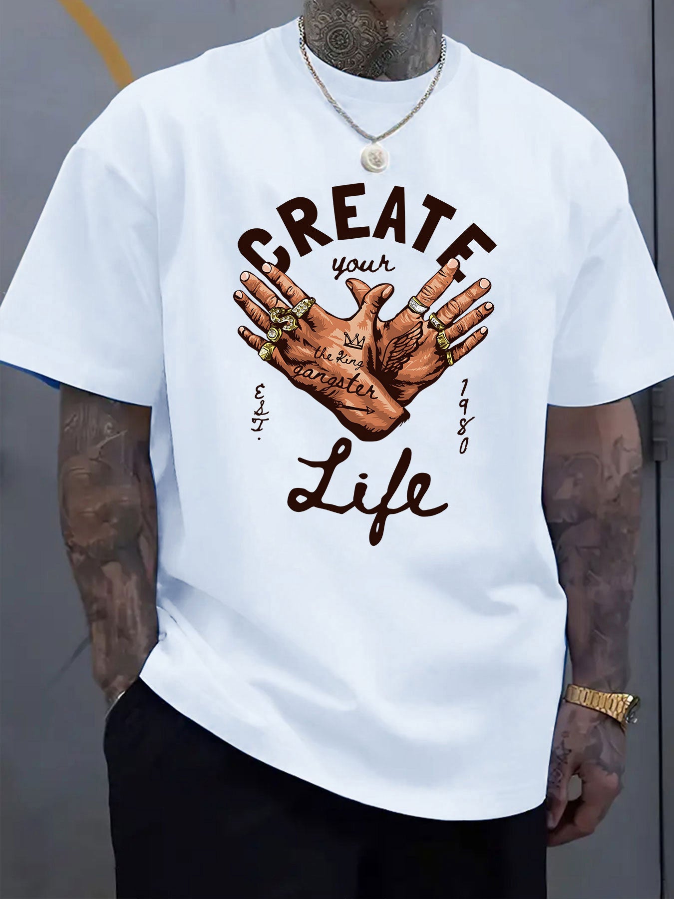 Men's Short-Sleeve T-Shirt with Inspirational "CREATE Your Own Life" Print & Prayer Hands Design - Elastic Round Neck, Breathable Fabric for Summer Outdoor Activities, Casual Comfort Fit, Machine Washable, Artistic Lifestyle