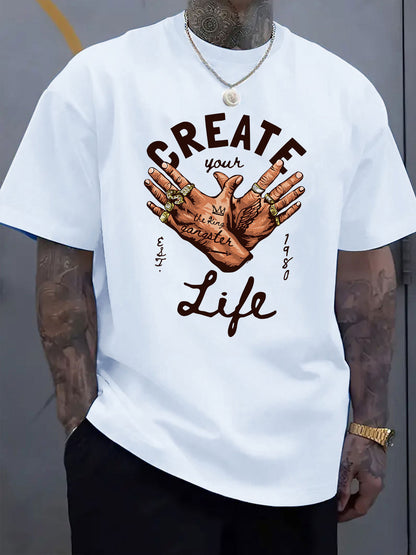 Men's Short-Sleeve T-Shirt with Inspirational "CREATE Your Own Life" Print & Prayer Hands Design - Elastic Round Neck, Breathable Fabric for Summer Outdoor Activities, Casual Comfort Fit, Machine Washable, Artistic Lifestyle