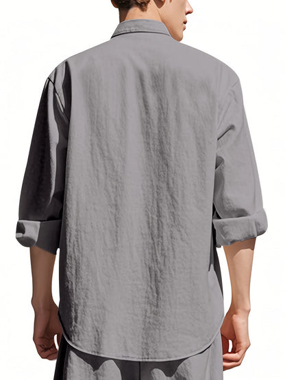 Men's Lightweight 95% Linen Shirt - Breathable Summer Casual Button-Up with Stand Collar, Regular Fit for Beach & Urban Wear, Solid Color
