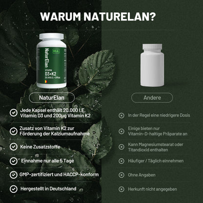 High-dose Vitamin D3 K2 capsules - 20000I.E. + Vitamin K2 MK7 200 mcg per dose, 20 days per capsule, 1000 IU Vitamin D per day, 180 vegetarian capsules, without additives, produced in Germany
