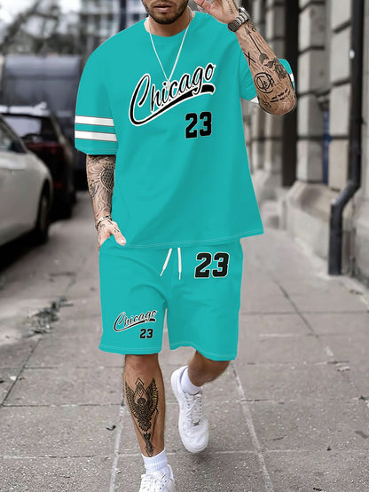 Summer Men's T-Shirt Set with Unique Digital Line Letter Print and Baseball Element Shorts Two-Piece Outfit