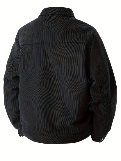 Men'S Plus Size Corduroy Bomber Jacket - Casual Workwear with Snap Buttons, Flap Pockets, and Polyester Lining - Machine Washable, Autumn & Spring Fashion, Casual Outerwear | Casual Jacket | Polyester Lining Jacket