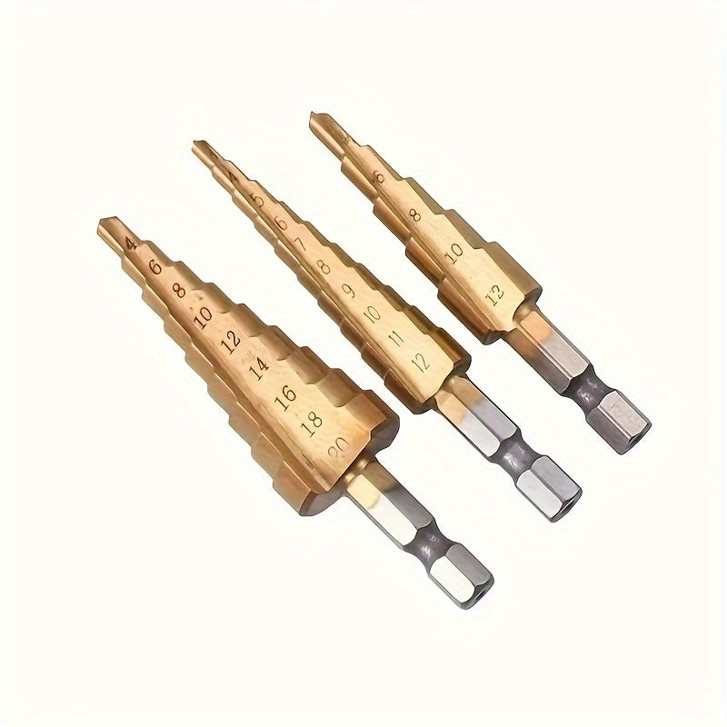 3pcs Titanium-Coated HSS Drill Bits Set, 3-12mm, 4-12mm, 4-20mm Straight Groove Step Cone Cutters, Precision Hole Sawing, Hex Shank, Metal, No Power Required, Home Renovation Tool Accessories