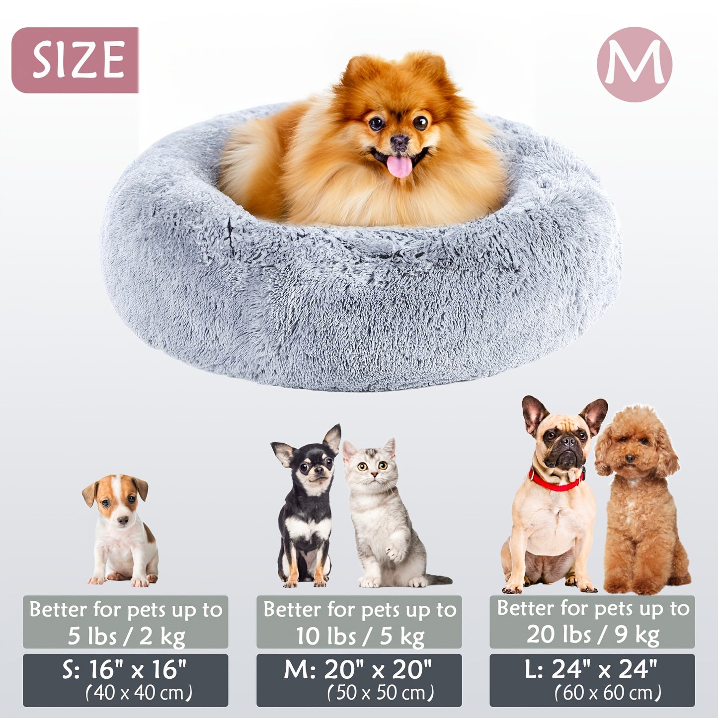 Calming Dog & Cat Bed, Donut Cuddler Warming Cozy Soft Round Bed, Fluffy Faux Fur Plush Cushion Bed For Small Medium And Large Dogs And Cats (40.64cm/50.8cm/60.96cm/71.12cm/78.74cm/99.06cm) Christmas Gift