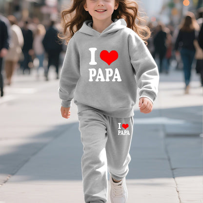 2pcs Back-to-School Season Fashionable Autumn/Winter Casual Sporty Style Girls' "I Love Dad" Cartoon Print Long Sleeve Fleece-Lined Hoodie + Sweatpants Set, Perfect for Outdoor