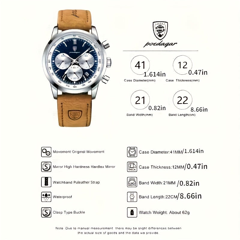 POEDAGAR Men's Luxury Chronograph Watch with Luminous Dial, High Quality 30m, Quartz Movement, Date Display & Brown Faux Leather Strap - Casual & Formal Wristwatch