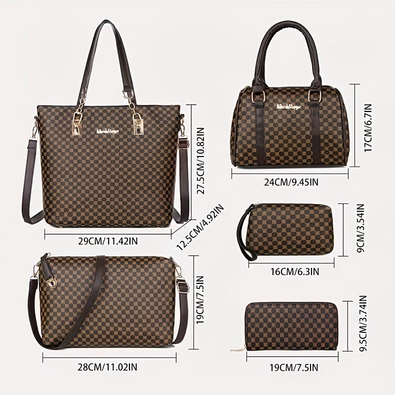 Fashion 6pcs Women's handbag set, geometric pattern, urban theme, zipper closure, polyester lining, edge paint.