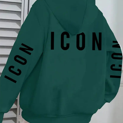 1pc Women'S Pink Hoodie with "ICON" Letter Print - Cozy Long-Sleeve Zip-Up Sweatshirt, Machine Washable, Casual Fall/Winter Pullover with Pockets, Casual Winter Wear | Trendy Casual Hoodie | Machine Washable Fabric