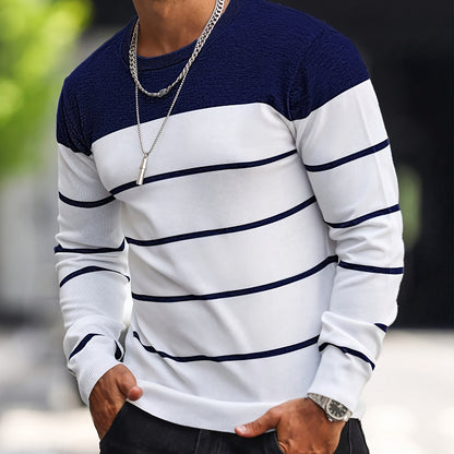 Men's Casual Striped Knit Pullover Sweater - Navy & White Contrast, Regular Fit H-Silhouette, Long Sleeve Crew Neck, Medium Stretch, Machine Washable for Spring & Fall, Mediumstretch Fabric