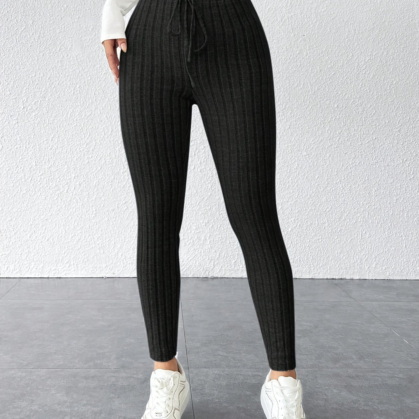 Women's Tie Waist Ribbed Bodycon Leggings - Medium-Stretch All-Season Casual Pants, Solid Color Non-See-Through Machine Washable for Casual Attire & Layering, High Waisted Leggings, Versatile Bottoms, Sleek Fit, Comfortable F