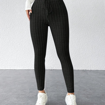 Women's Tie Waist Ribbed Bodycon Leggings - Medium-Stretch All-Season Casual Pants, Solid Color Non-See-Through Machine Washable for Casual Attire & Layering, High Waisted Leggings, Versatile Bottoms, Sleek Fit, Comfortable F
