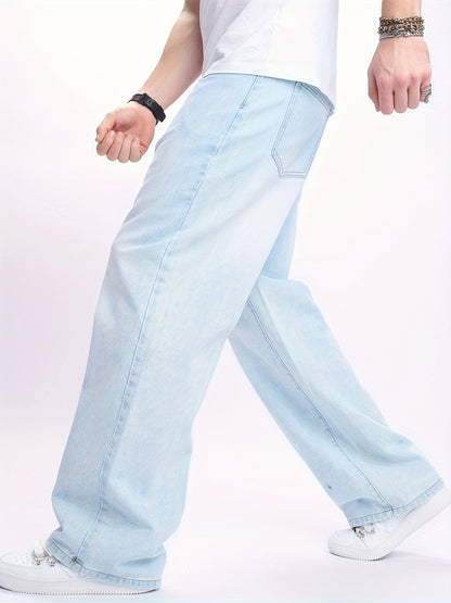 Men'S High-Street Casual Straight-Leg Jeans - Light Blue, Loose Fit, Non-Stretch Denim, Raw Wash, All-Season Comfort, Perfect for Casual Attire, Comfortable Clothing | Relaxed Fit Jeans | Nonstretch Fabric